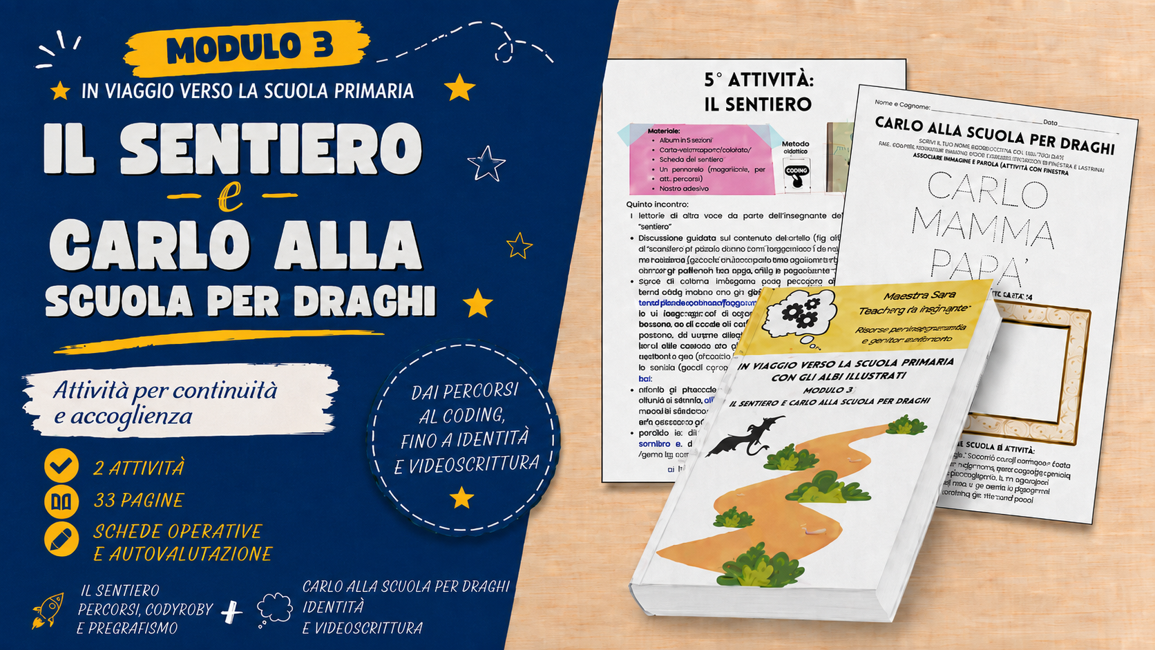 Modulo 3 In viaggio verso la scuola primaria – Il sentiero e Carlo alla scuola per draghi, attività di pregrafismo, coding e videoscrittura