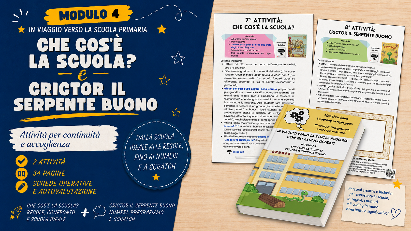 Modulo 4 In viaggio verso la scuola primaria – Che cos’è la scuola? e Crictor il serpente buono, attività su regole, numeri, pregrafismo e Scratch